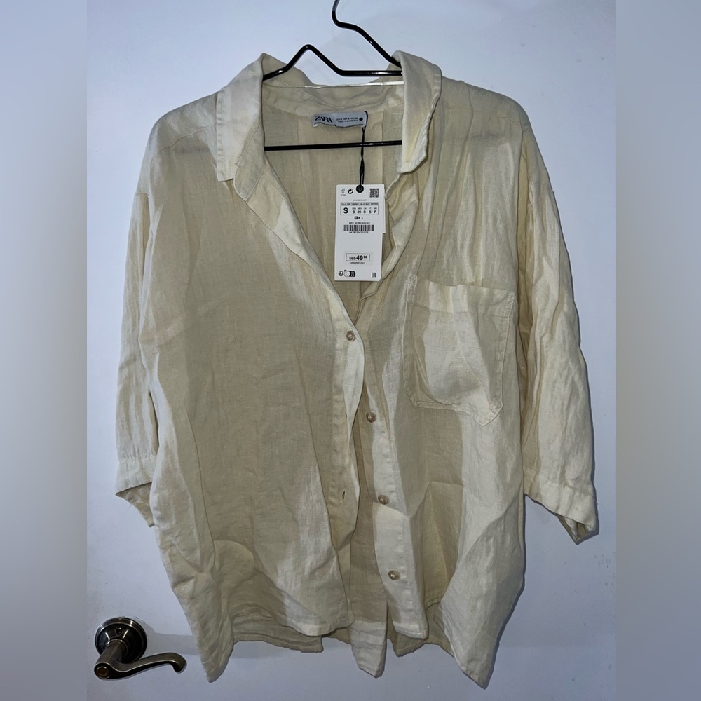 Zara Yellow Tan Linen Quarter Sleeve Shirt